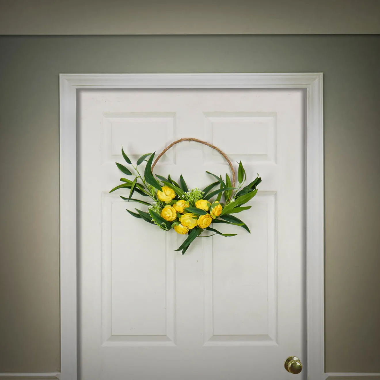 Clearance 16 in. Spring Hoop Wreath with Buttercup Blooms, Baby’s Breath, and Flowing Green Stems Wreaths