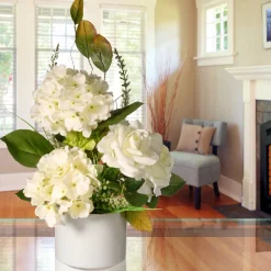 Discount 9 in. Spring Hydrangea Blooms Flower Potted in a White Pot Base Potted Plants