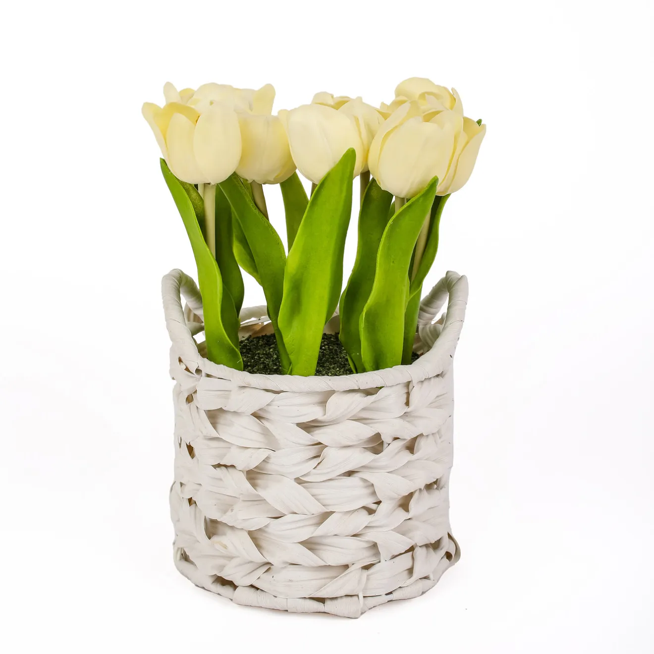 10 in. Spring Light Yellow Tulip Bouquet in White Basket Flower Arrangements