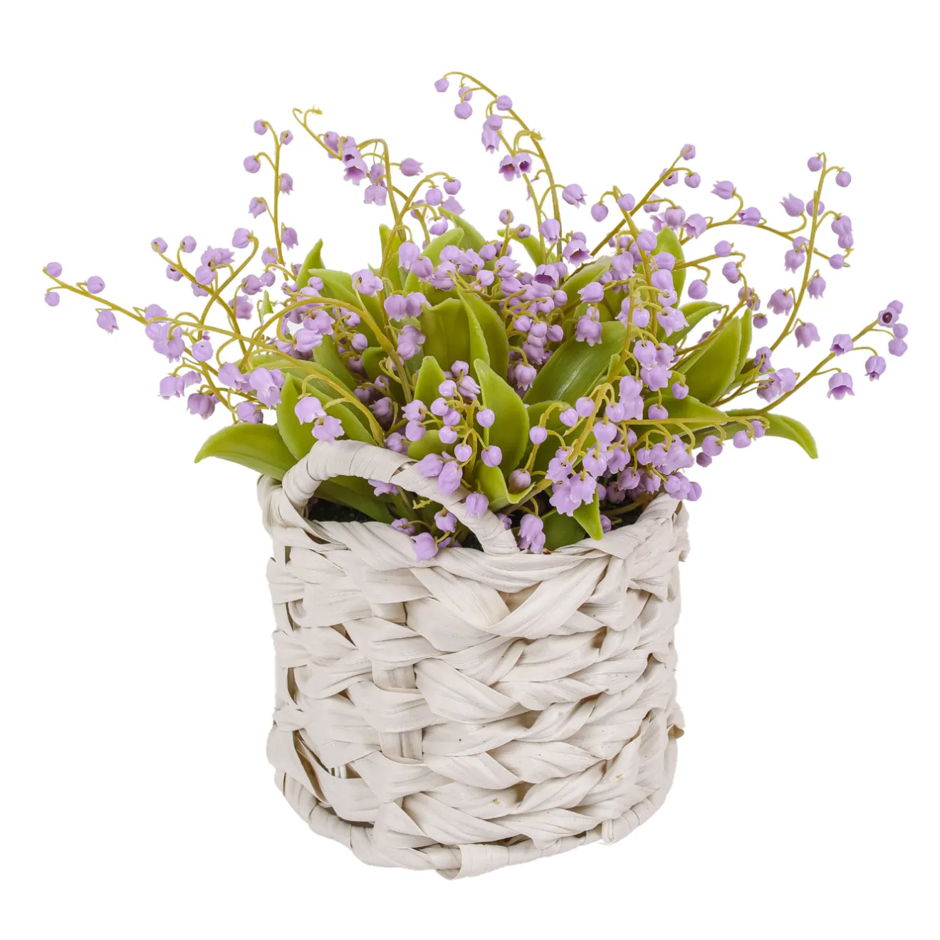 11 in. Spring Mauve Lily-of-the-Valley Flowers in White Basket Flower Arrangements