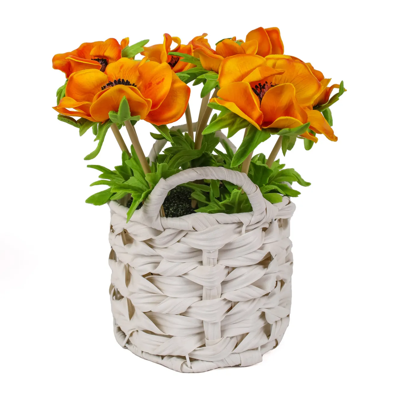 Online 10 in. Spring Orange Anemone Flower Bouquet in White Basket Flower Arrangements