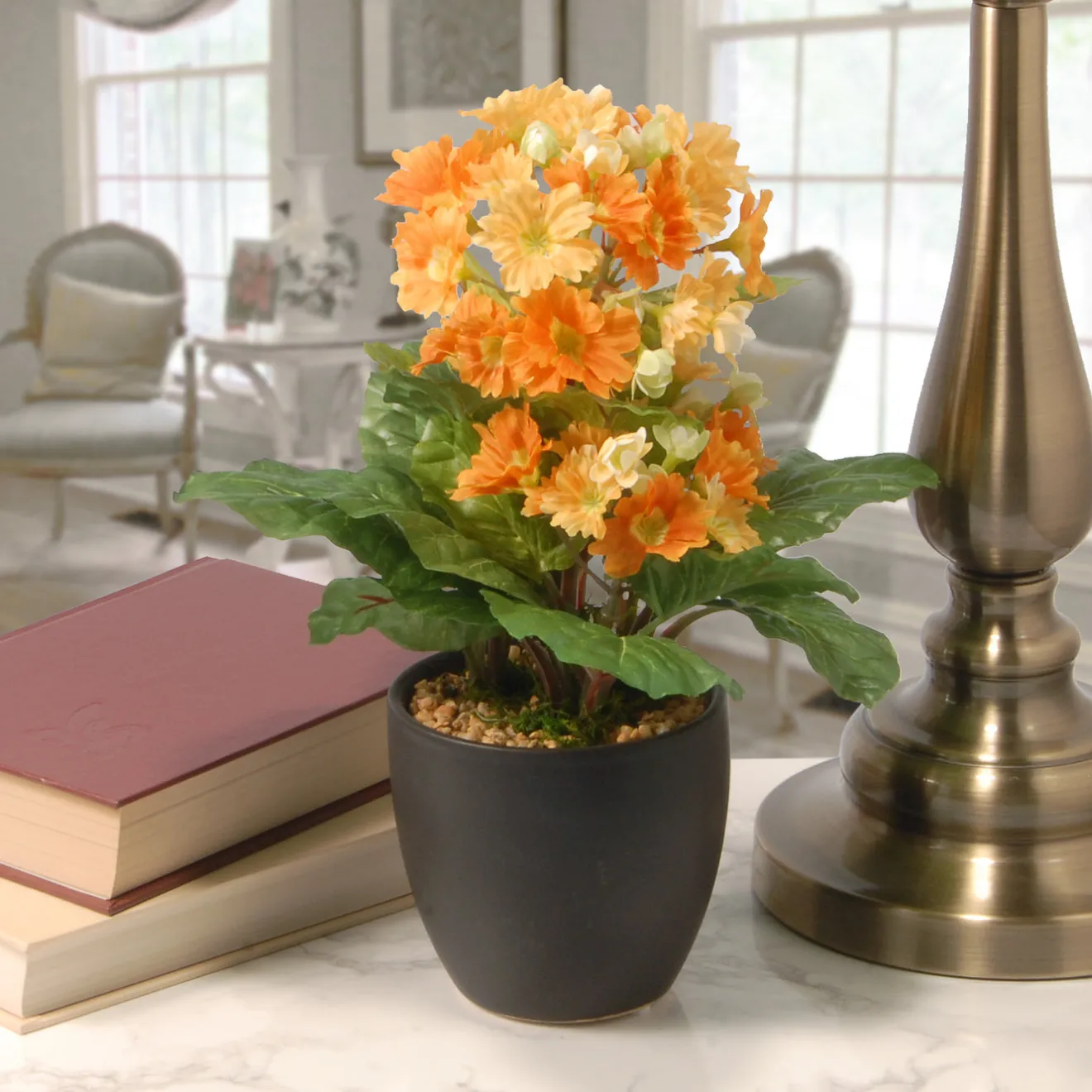 12 in. Spring Orange Flower Blooms Potted Plant in Black Ceramic Pot Potted Plants