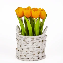 Discount 10 in. Spring Orange Tulip Bouquet in White Basket Flower Arrangements
