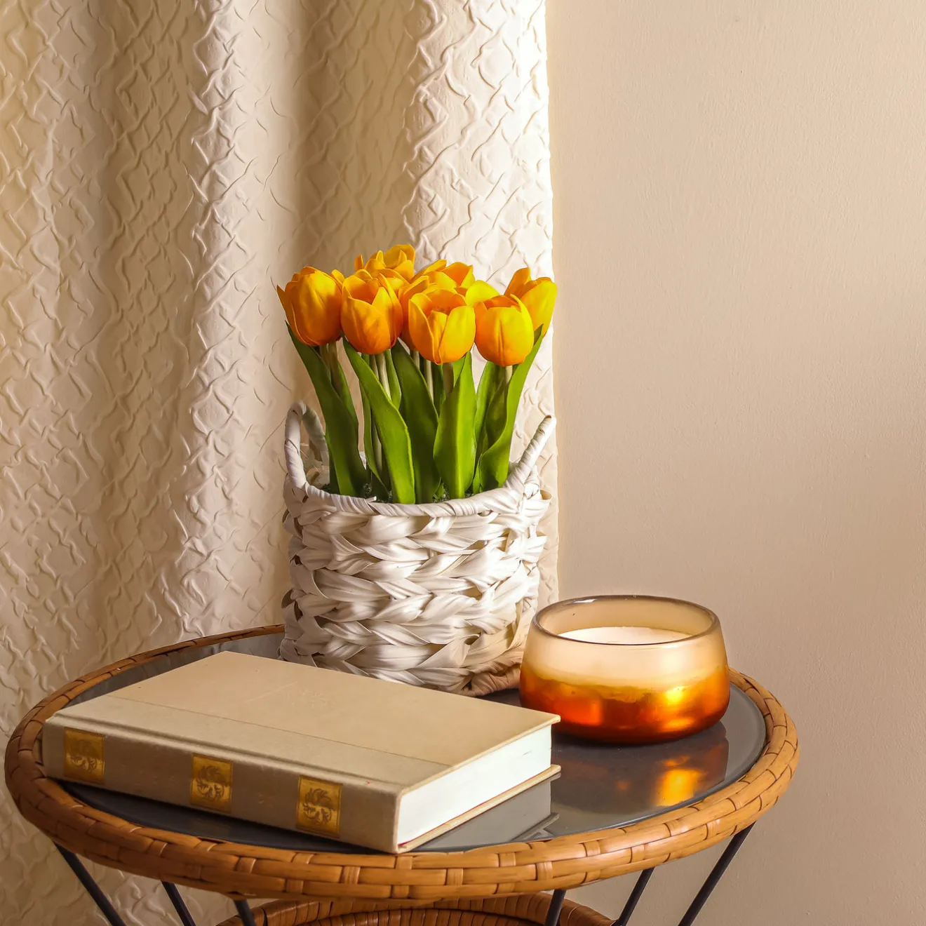 Discount 10 in. Spring Orange Tulip Bouquet in White Basket Flower Arrangements