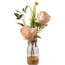 New 13 in. Spring Peach Roses Flower Bouquet in Glass Vase with Leafy Greens Flower Arrangements
