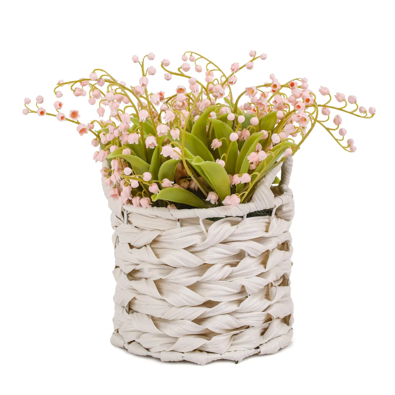 New 11 in. Spring Pink Lily-of-the-Valley Flowers in White Basket Flower Arrangements