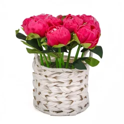 10 in. Spring Pink Peony Flower Bouquet in White Basket Flower Arrangements