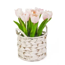 Outlet 10 in. Spring Pink Tulip Bouquet in White Basket Flower Arrangements