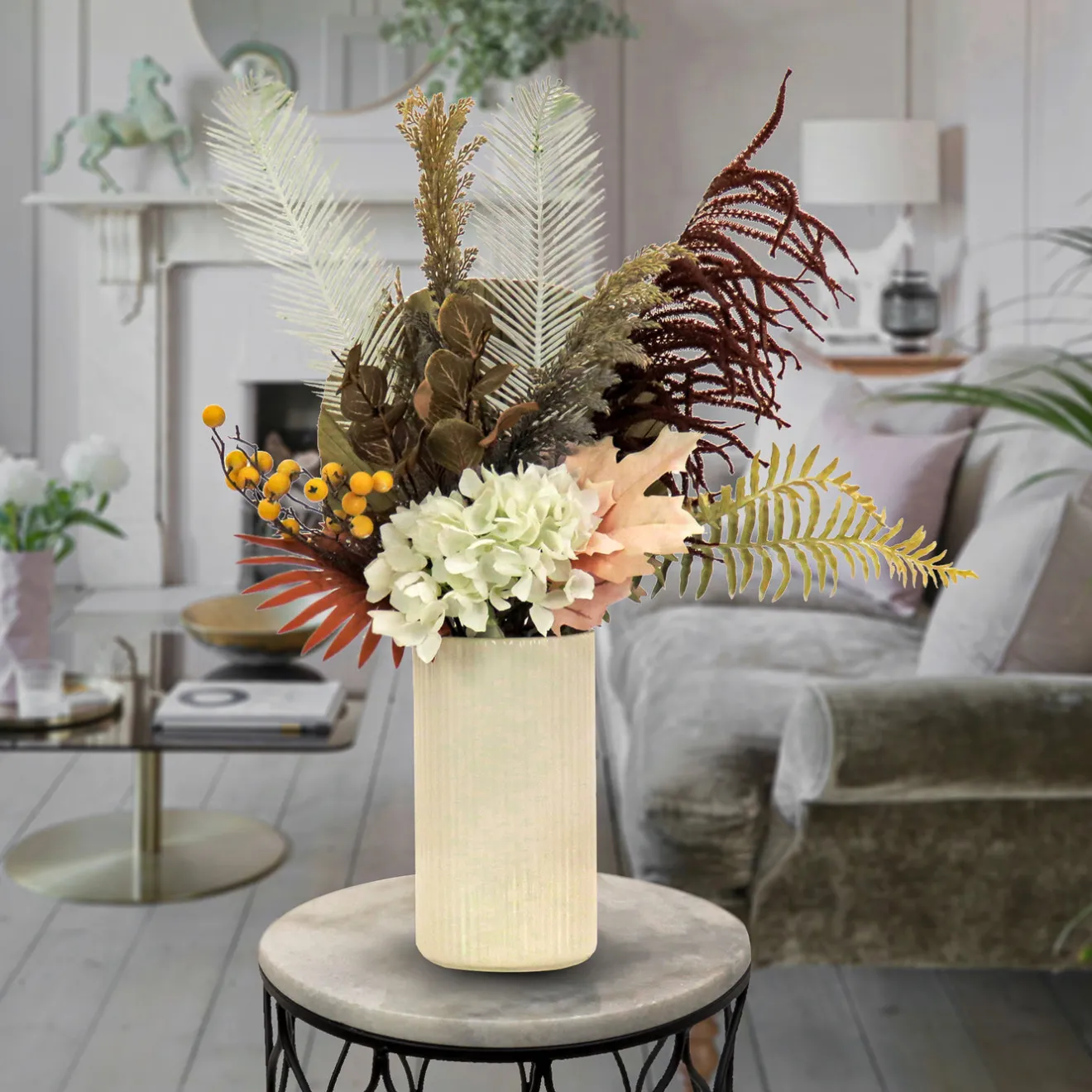 Sale 31 in. Spring Potted Plant Table Decoration with Fern Branches, Hydrangea Blooms Potted Plants