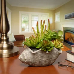 Best 11 in. Spring Potted Plant with Various Green and Orange Succulents in a Stylish Conch Shell Cement Pot Potted Plants