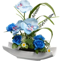 Sale 15 in. Spring Potted White Orchid and Blue Roses Flower Pot with Leafy Greens Potted Plants