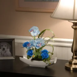 Sale 15 in. Spring Potted White Orchid and Blue Roses Flower Pot with Leafy Greens Potted Plants