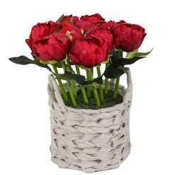 Outlet 10 in. Spring Red Peony Flower Bouquet in White Basket Flower Arrangements
