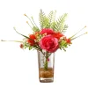 Hot 12 in. Spring Red Roses Flower Bouquet in Glass Vase with Leafy Greens Flower Arrangements