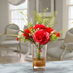 Hot 12 in. Spring Red Roses Flower Bouquet in Glass Vase with Leafy Greens Flower Arrangements