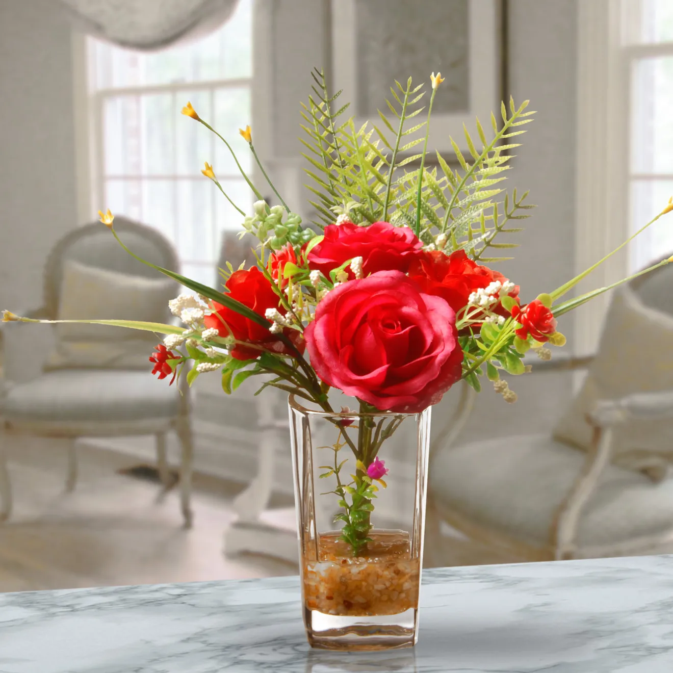 Hot 12 in. Spring Red Roses Flower Bouquet in Glass Vase with Leafy Greens Flower Arrangements