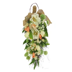 Sale 26 in. Spring Teardrop Wall Hanging Decoration with Tulip Blooms, Poppies, Buttercup Blossoms, Flowing Green Stems Wreaths