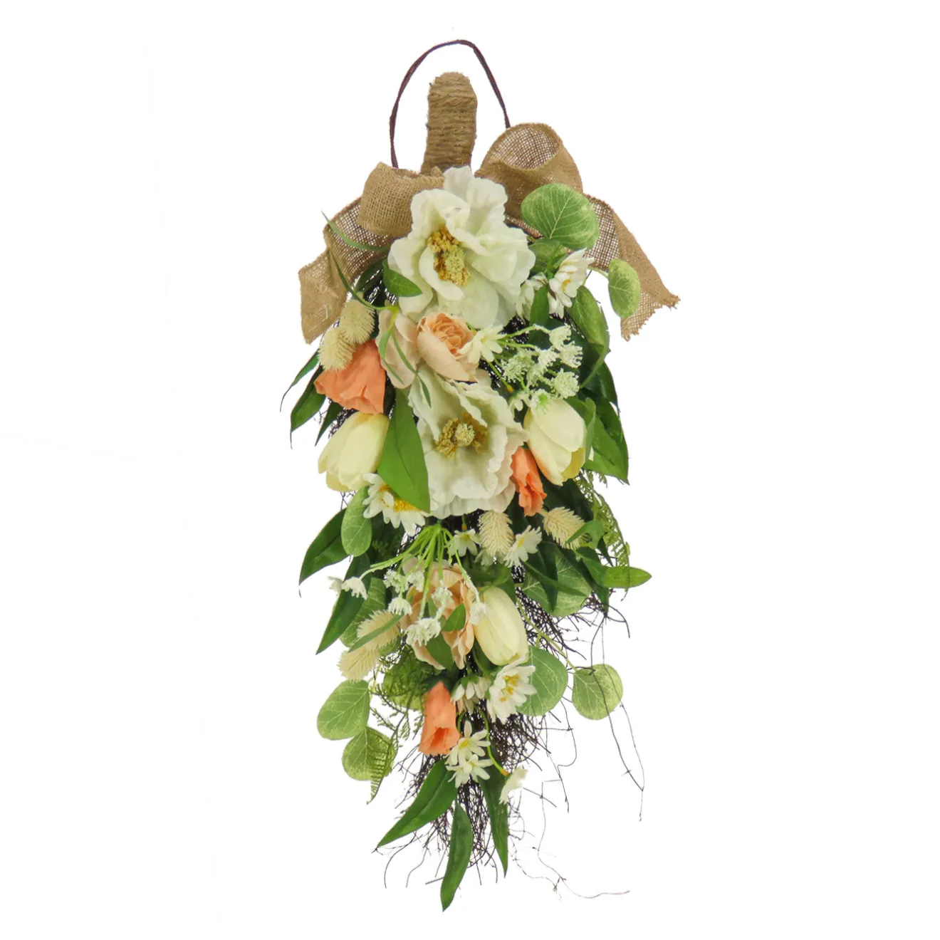 Sale 26 in. Spring Teardrop Wall Hanging Decoration with Tulip Blooms, Poppies, Buttercup Blossoms, Flowing Green Stems Wreaths