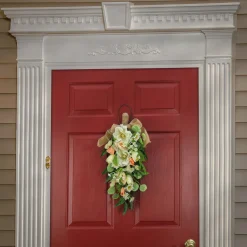 Sale 26 in. Spring Teardrop Wall Hanging Decoration with Tulip Blooms, Poppies, Buttercup Blossoms, Flowing Green Stems Wreaths