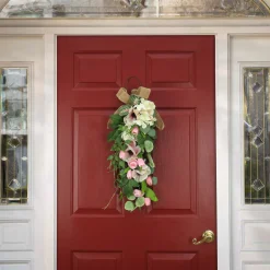 Hot 26 in. Spring Teardrop Wall Hanging Decoration with Hydrangea and Tulip Blooms, Eucalyptus Leaves, Flowing Green Stems Wreaths