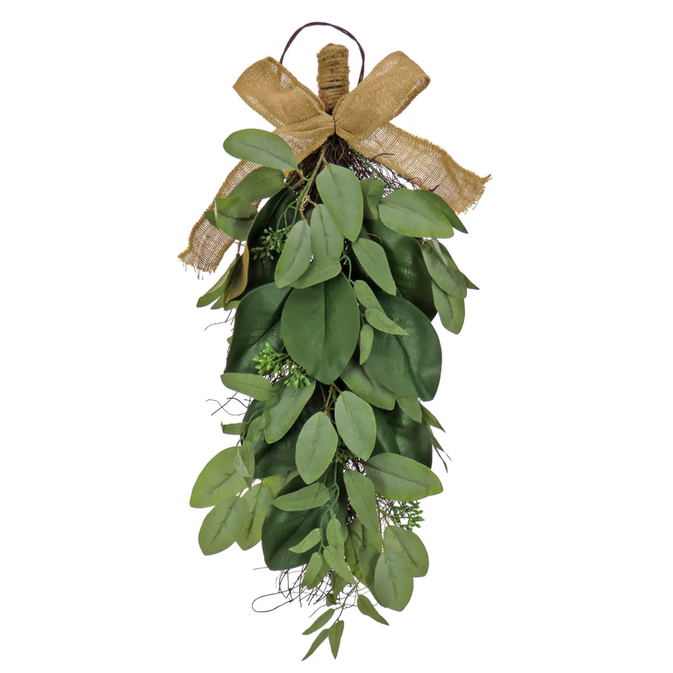 Sale 26 in. Spring Teardrop Wall Hanging Decoration with Eucalyptus Leaves, Magnolia Blooms, Flowing Green Stems Wreaths