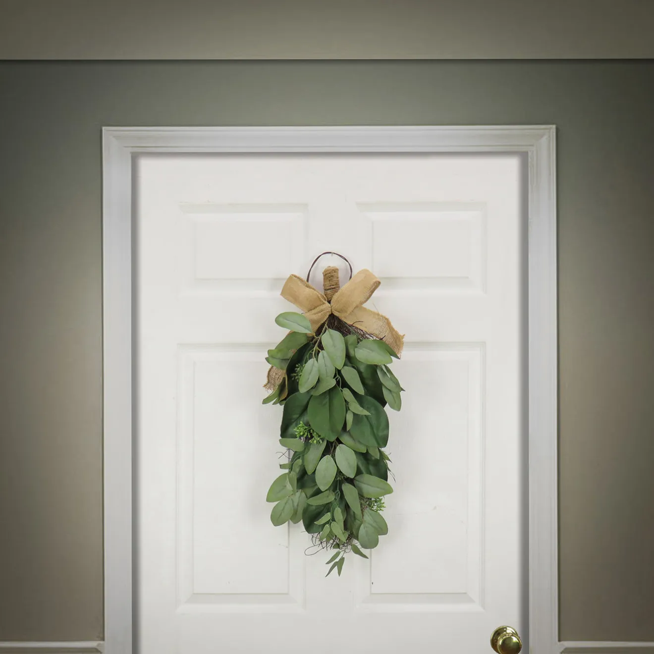 Sale 26 in. Spring Teardrop Wall Hanging Decoration with Eucalyptus Leaves, Magnolia Blooms, Flowing Green Stems Wreaths