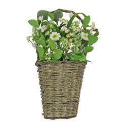 18 in. Spring Wall Hanging Baske with Daisy Flowers, Berries, Leafy Greens Wreaths