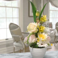 Best 17 in. Spring White Daises and Roses Flower Pot with Leafy Greens Potted Plants