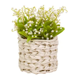 Hot 11 in. Spring White Lily-of-the-Valley Flowers in White Basket Flower Arrangements
