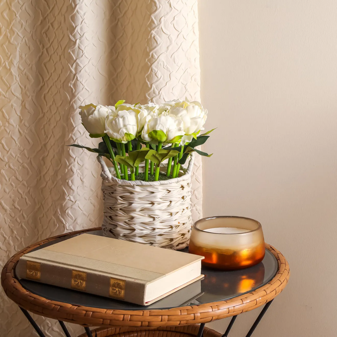 Best 10 in. Spring White Peony Flower Bouquet in White Basket Flower Arrangements