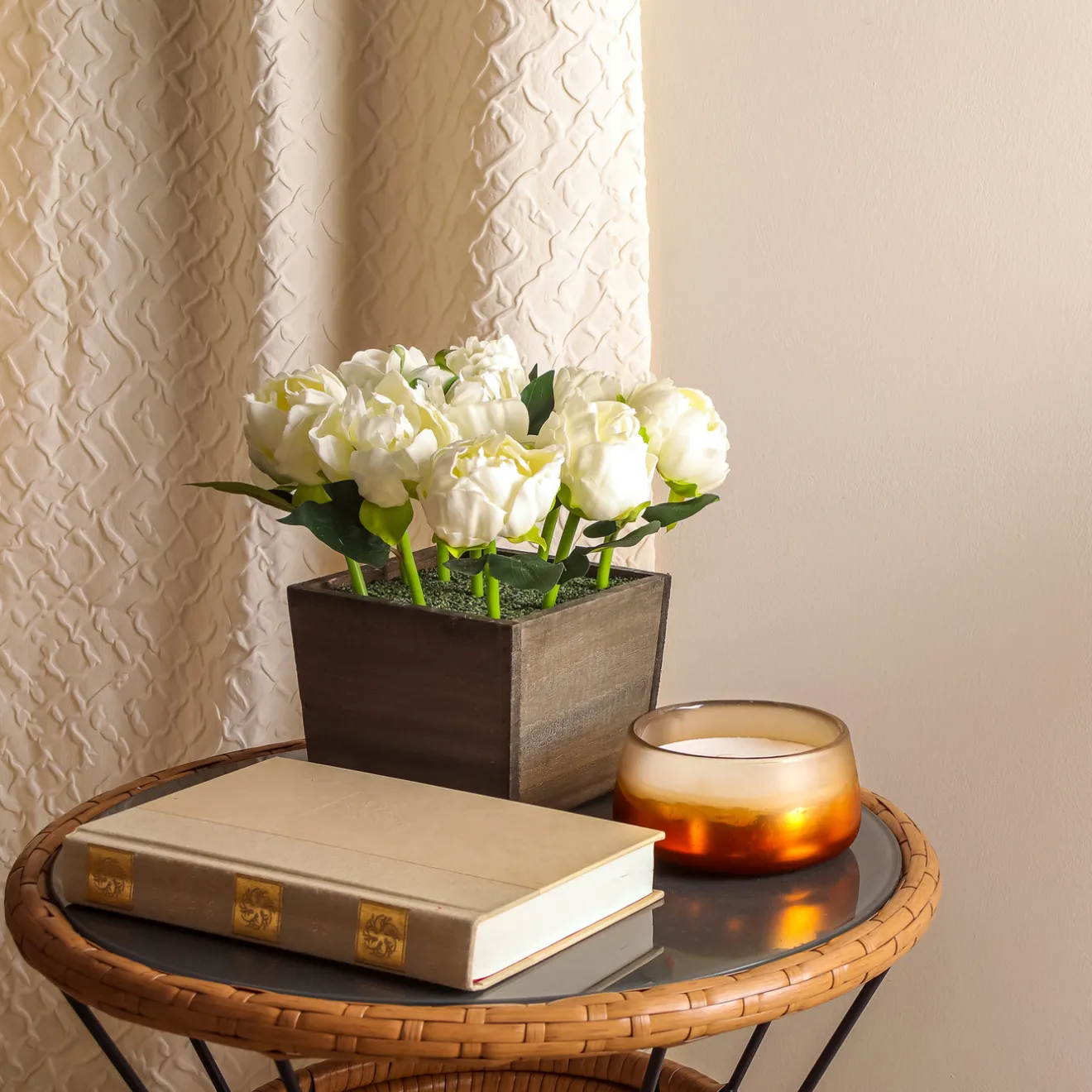 Online 10 in. Spring White Peony Flowers in Wood Box Potted Plants