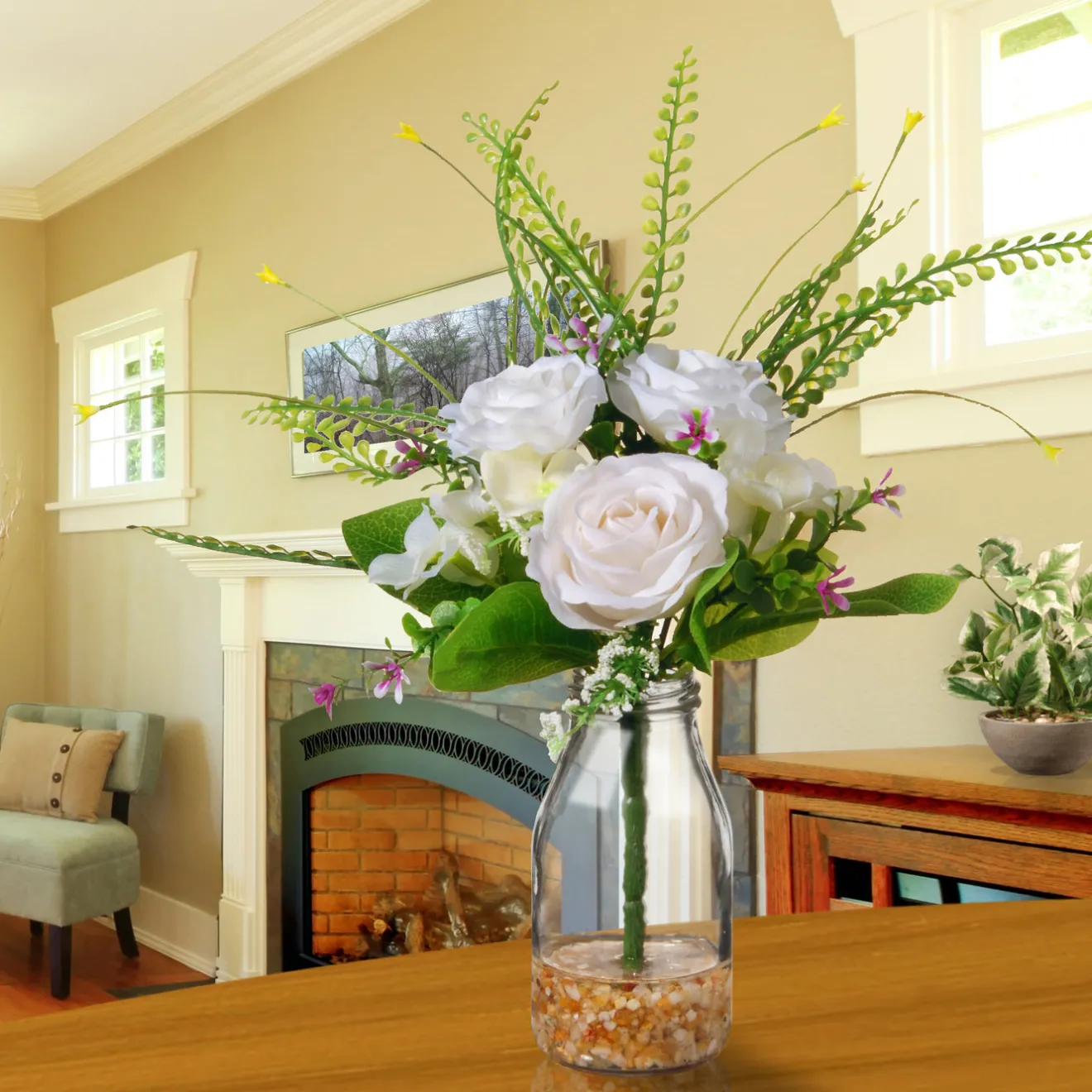 Clearance 12 in. Spring White Roses Flower Bouquet in Glass Vase with Leafy Greens Flower Arrangements
