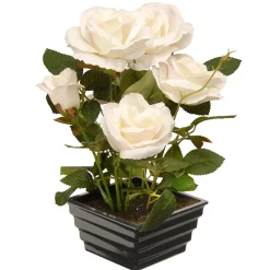 New 11 in. Spring White Roses Flower Potted Plant in a Black Base Potted Plants