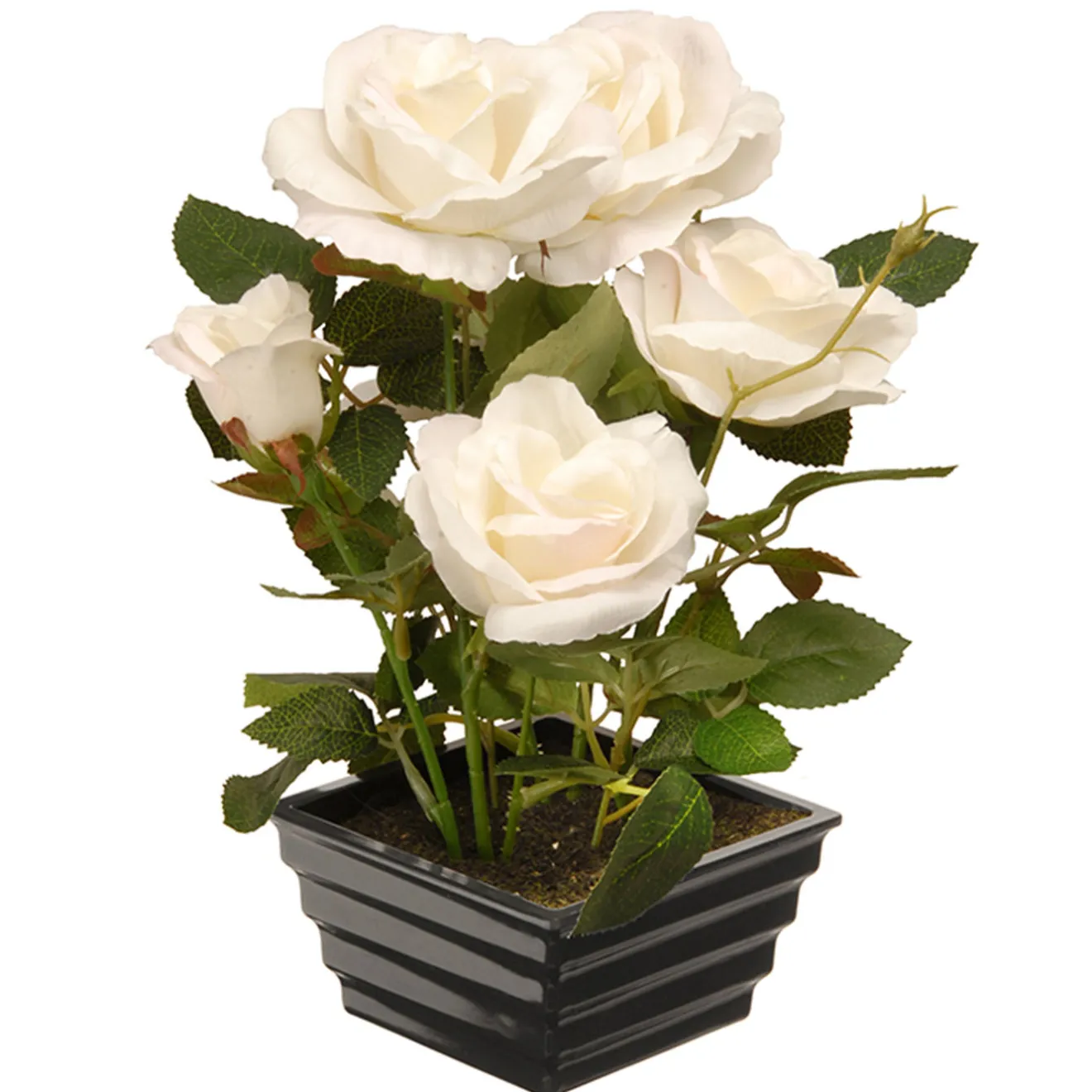 New 11 in. Spring White Roses Flower Potted Plant in a Black Base Potted Plants