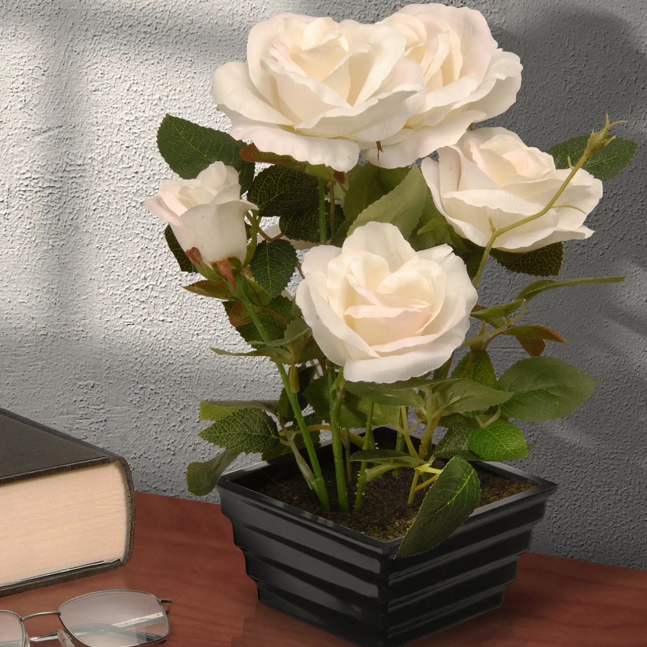 New 11 in. Spring White Roses Flower Potted Plant in a Black Base Potted Plants