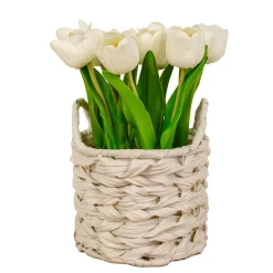 Hot 10 in. Spring White Tulip Bouquet in White Basket Flower Arrangements