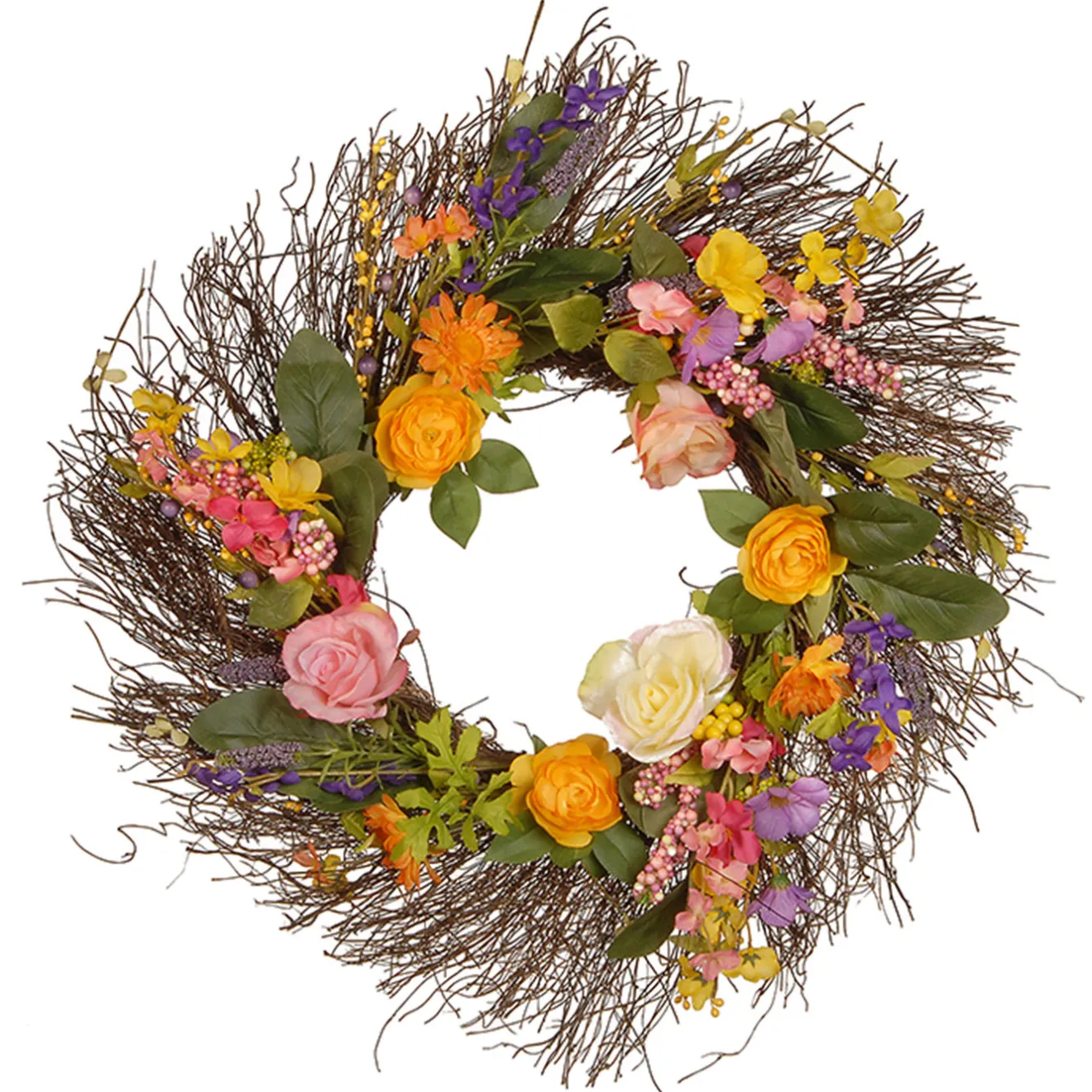Sale 24 in. Spring Wildflower Wreath with Flower Blooms, Berry Clusters, Leaves Wreaths