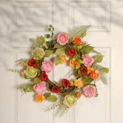 Hot 22 in. Spring Wreath with Assorted Flowers, Fern Fronds, and Leafy Greens Wreaths