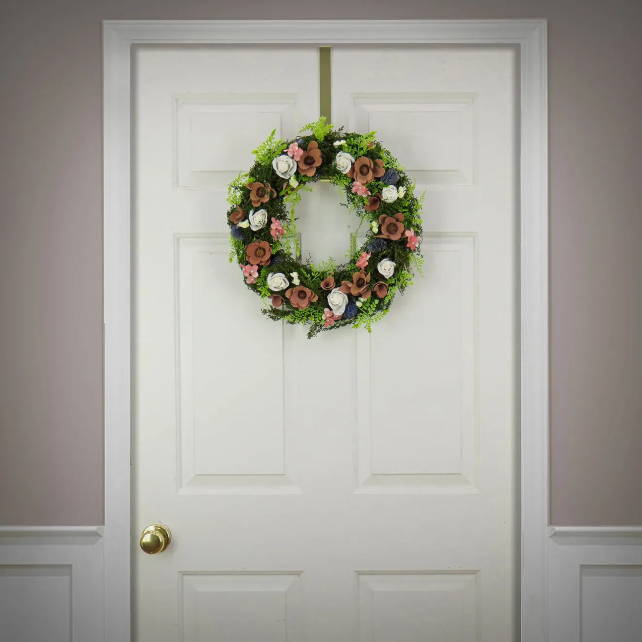18 in. Spring Wreath with Assorted Flower Blooms, Roses, Seed Pods, Flowing Green Stems Wreaths