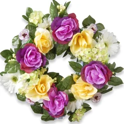 18 in. Spring Wreath with Colorful Daisies, Hydrangeas, Roses, Leafy Greens Wreaths
