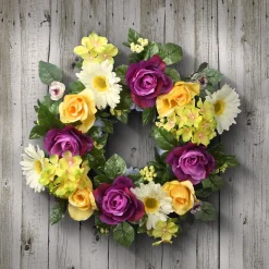 18 in. Spring Wreath with Colorful Daisies, Hydrangeas, Roses, Leafy Greens Wreaths