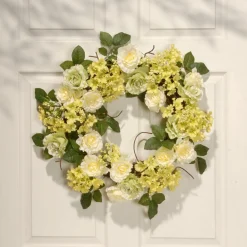 Discount 20 in. Spring Wreath with Cream Rose Blooms, Branches, Leafy Greens Wreaths