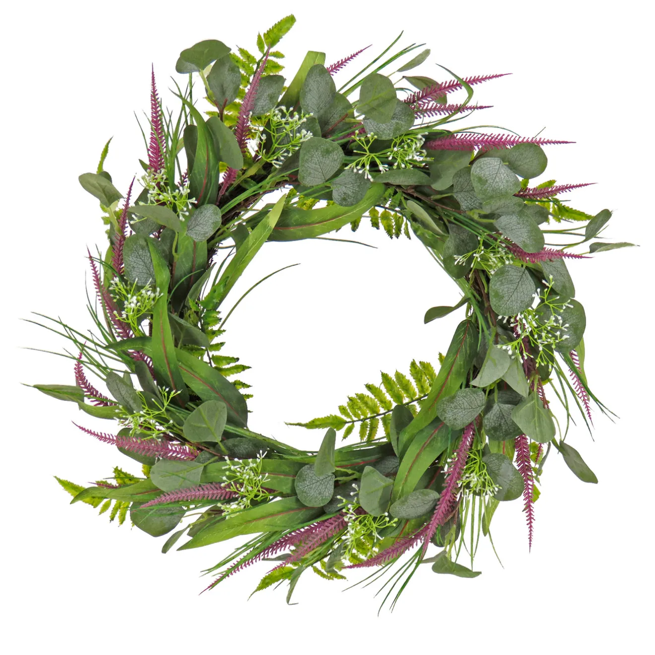 Outlet 22 in. Spring Wreath with Eucalyptus Leaves, Lavender, Flowing Green Stems Wreaths