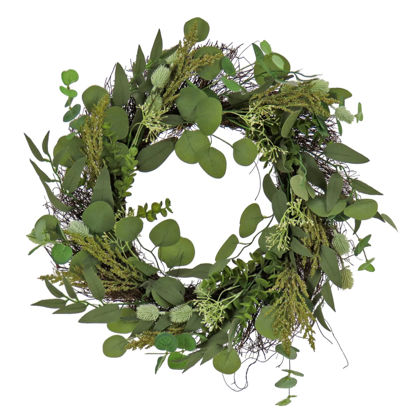 Discount 22 in. Spring Wreath with Eucalyptus Leaves, Baby's Breath, Flowing Green Stems Wreaths