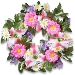Discount 18 in. Spring Wreath with Multicolor Daisy and Tiger Lily Blooms, Leafy Greens, Berry Clusters Wreaths