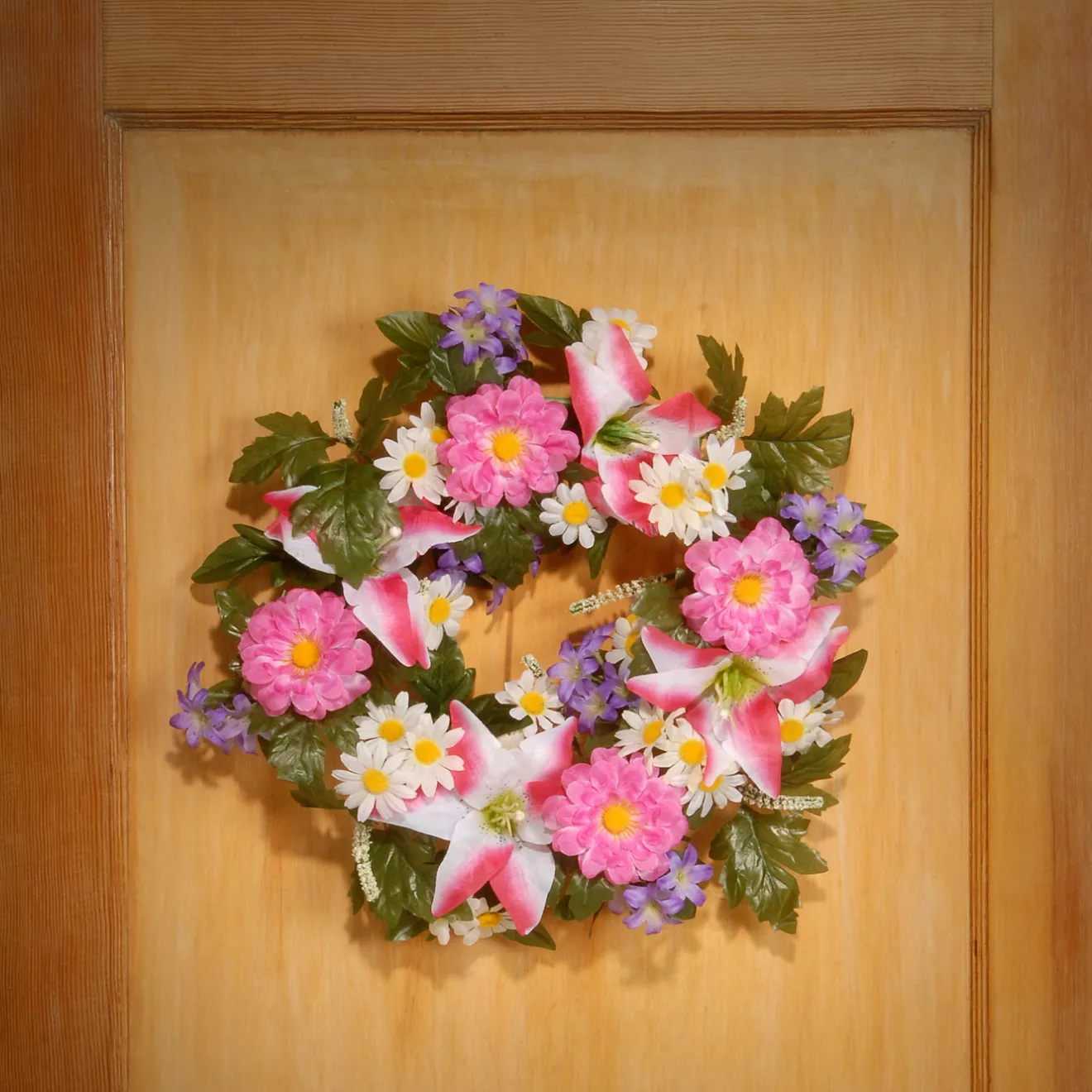 Discount 18 in. Spring Wreath with Multicolor Daisy and Tiger Lily Blooms, Leafy Greens, Berry Clusters Wreaths