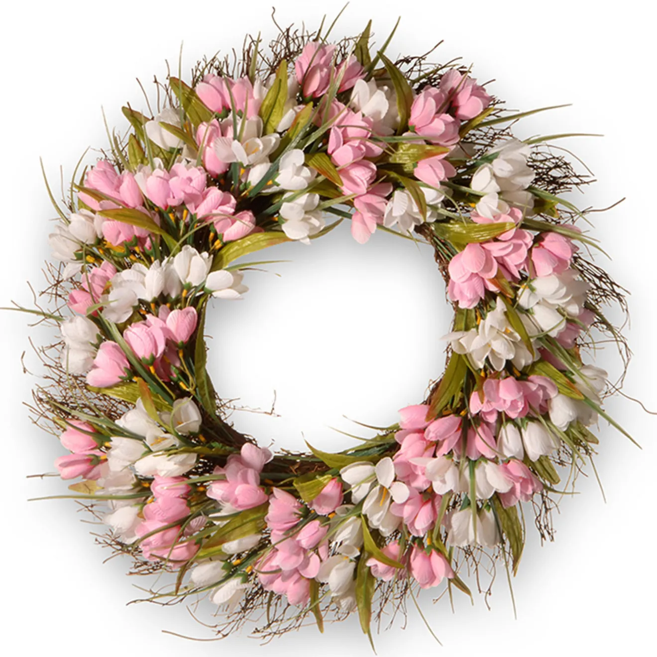 Sale 21 in. Spring Wreath with Pink and White Tulips, Flowing Green Stems Wreaths