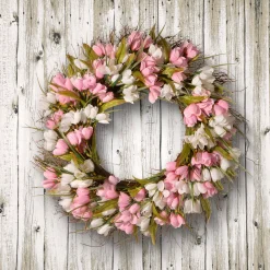 Sale 21 in. Spring Wreath with Pink and White Tulips, Flowing Green Stems Wreaths
