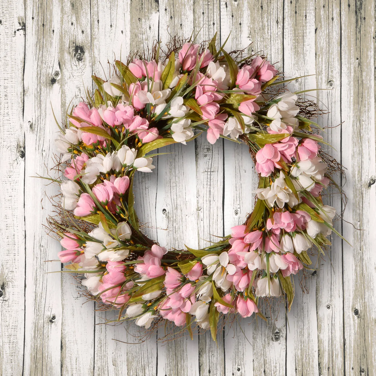 Sale 21 in. Spring Wreath with Pink and White Tulips, Flowing Green Stems Wreaths