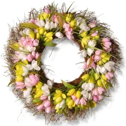 Sale 21 in. Spring Wreath with Pink, Yellow and White Tulips Wreaths